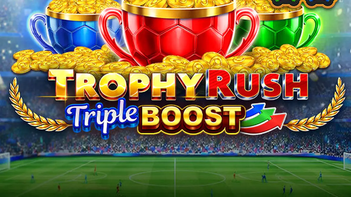 Tampilan visual slot Trophy Rush Triple Boost dengan tema stadion dan koin emas.